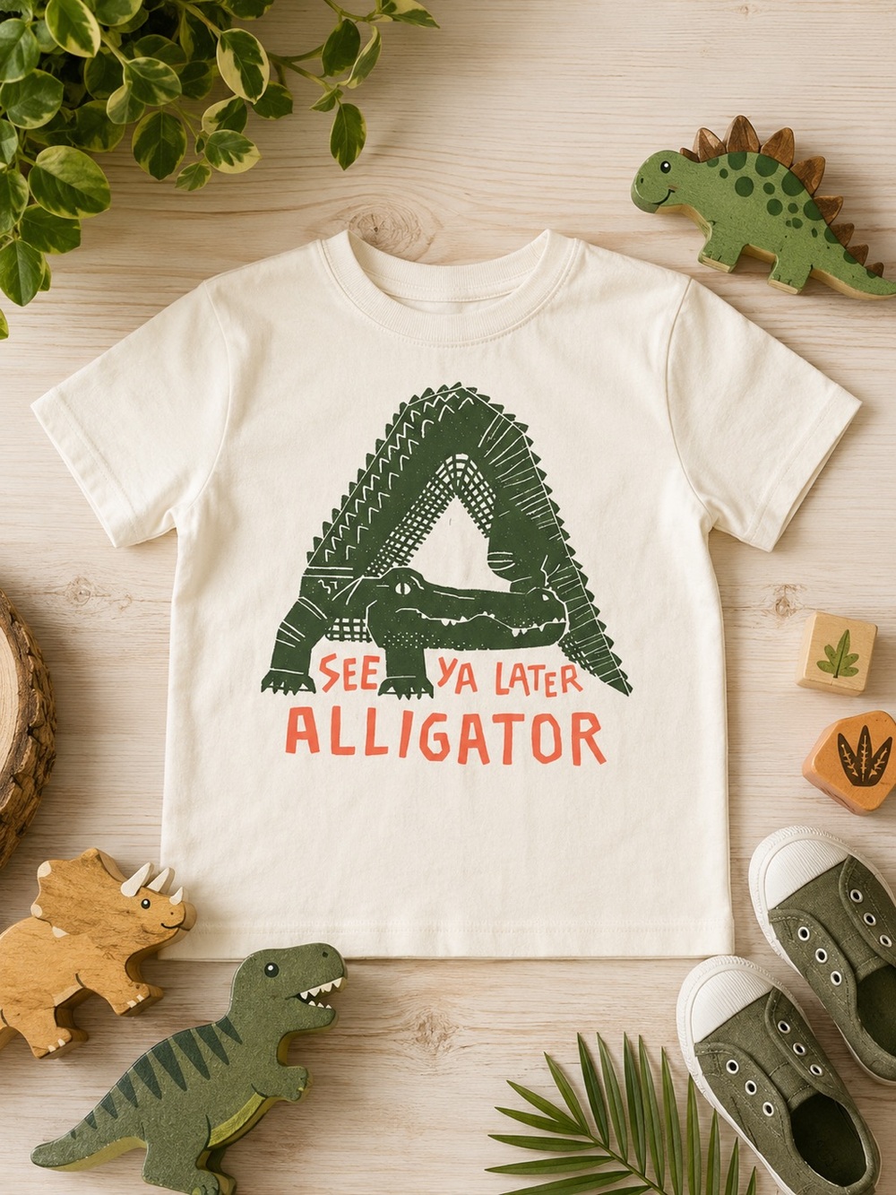 Old Navy Cream Tee with Green Alligator Graphic and Orange Text